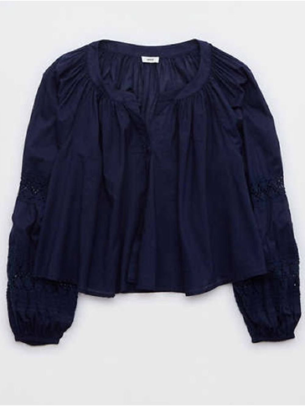Aerie Navy Flowing Peasant Blouse with Crochet Sleeves